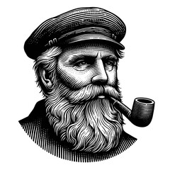 Detailed  enngraving of old sailor with long beard smoking pipe.  Image shows mature man in captain's hat, detailed facial features and textured beard.
