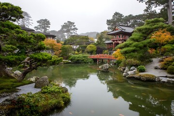 Serene japanese garden pond with red bridge and autumn foliage
