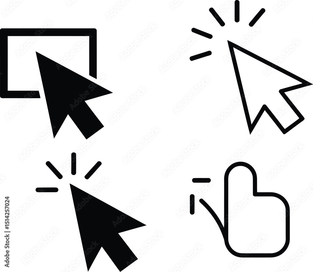 Poster a collection of four different cursor icons in black on a white background representing actions
