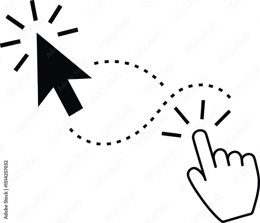 Poster a graphic illustration of a cursor moving towards a hand with a finger pointing as if clicking