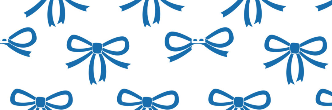 A seamless pattern featuring blue ribbon bows and text on a black background creating a decorative design