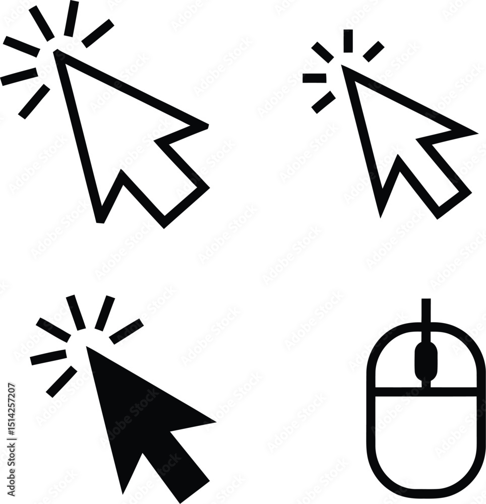 Poster a collection of mouse cursor icons and a mouse icon in black outline on a white background design
