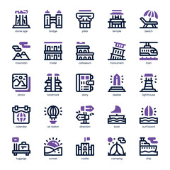Tourist Attraction Icon pack for your website, mobile, presentation, and logo design. Tourist Attraction Icon dual tone design. Vector graphics illustration and editable stroke.