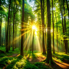 Fototapeta premium Dense forest with sunlight filtering through trees
