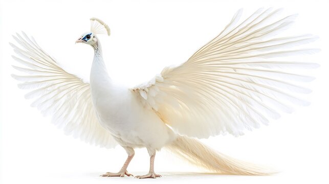 High definition image of a rare albino peacock with its full white feathers fanned out isolated on a white background