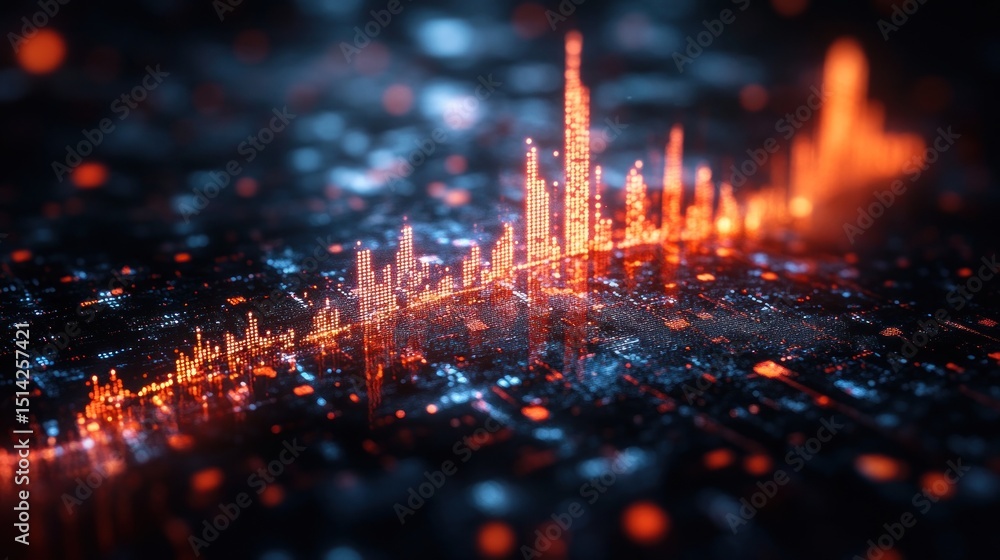 Poster digital cityscape: a futuristic metropolis built from data streams, glowing with vibrant orange and 