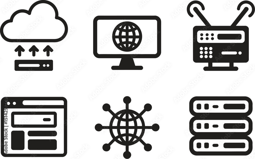 Poster a collection of six black and white icons representing cloud computing, networking and data storage 