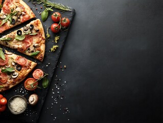 Delicious homemade pizza slices with fresh tomatoes mushrooms and olives