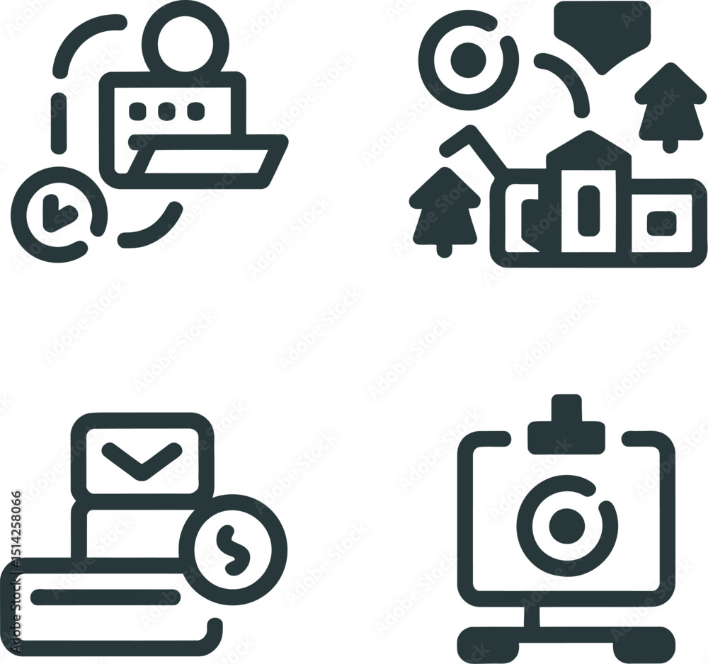 Poster a collection of four distinct icons depicting various concepts in a simple and minimalist style desi