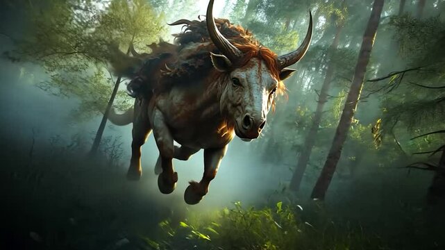 Mythical horned beast with long flowing mane, running through a lush green forest.  Dark, moody atmosphere