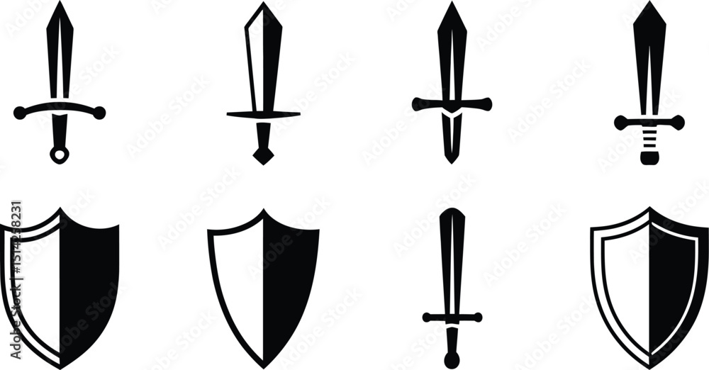 Aufkleber a collection of black and white vector illustrations of swords and shields arranged in a symmetrical