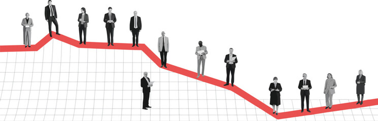 Fototapeta premium Business people standing on a red downward trending line graph against a white background with grid lines