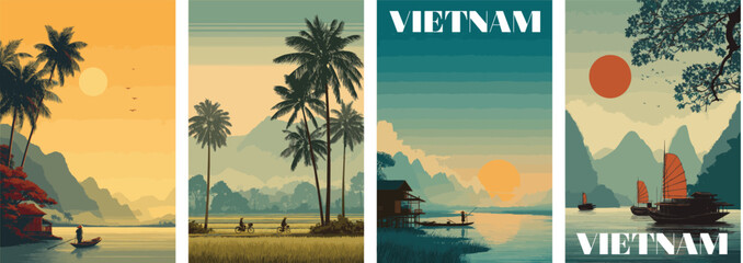 Vietnam vintage style travel poster set. Collection of scenic art deco retro tourism illustrations
