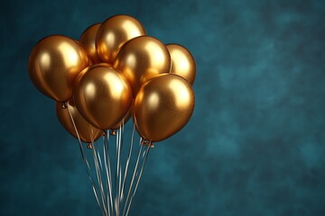 Golden balloons clustered together against a teal background.