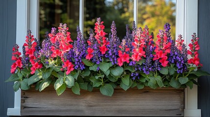 Fototapeta premium Vibrant Window Box Flowers with Red Pink Purple, and Garden.
