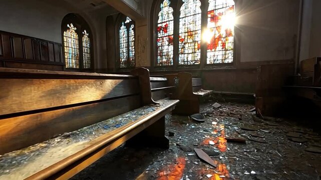 Sunlit interior of an abandoned church, wooden pews, broken stained-glass windows, and scattered glass on the floor. A sense of decay and tranquility