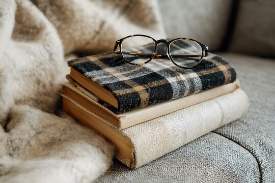 Cozy autumn reading nook stack of books glasses blanket