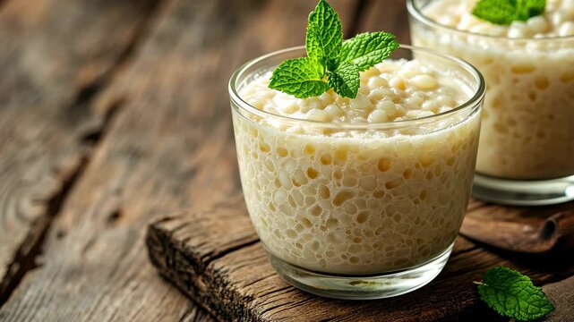 Creamy tapioca pudding served in glass cups garnished with mint leaves on rustic wooden surface, Creamy tapioca pudding in glass, garnished with mint leaf, on rustic wooden surface