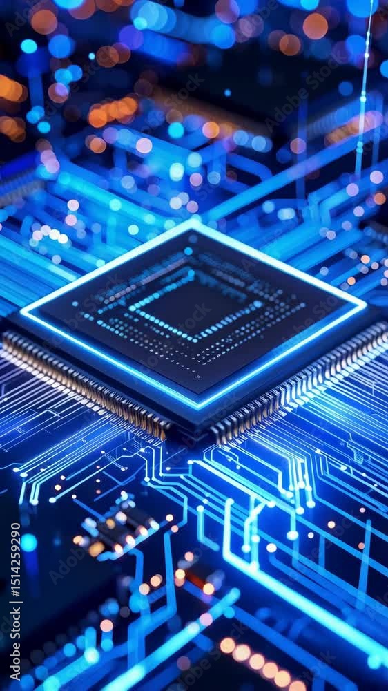Poster futuristic glowing blue cpu chip on motherboard circuit design for technology and computer systems