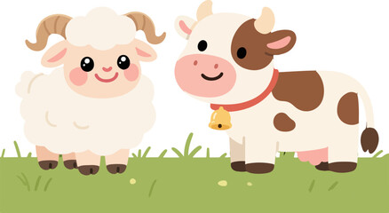 Obraz premium Farm Animals Cartoon with Smiling Goat and Cow