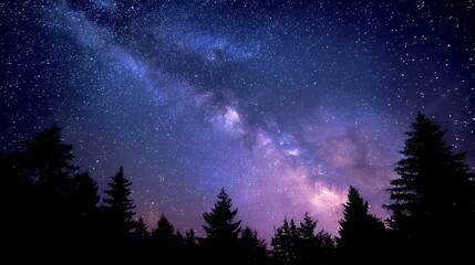 Majestic milky way galaxy over silhouetted pine trees night sky