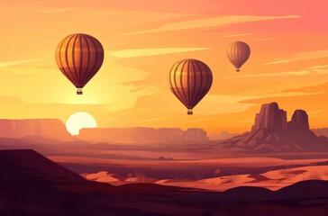 Fototapeta premium Hot air balloons flying over desert landscape at golden hour