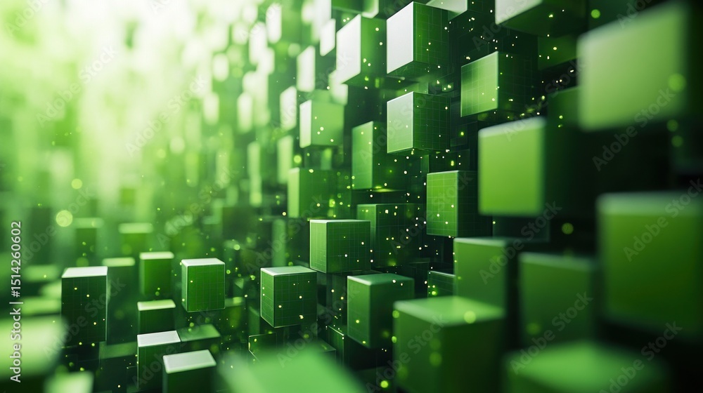 Poster abstract green cubes digital art: a glowing 3d render of interlocking blocks