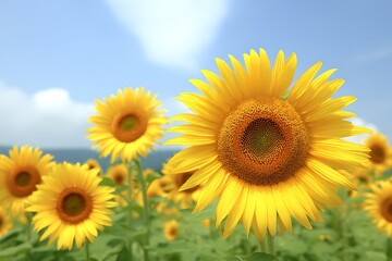 Fototapeta premium Vibrant sunflowers blooming in a sunny field under a blue sky