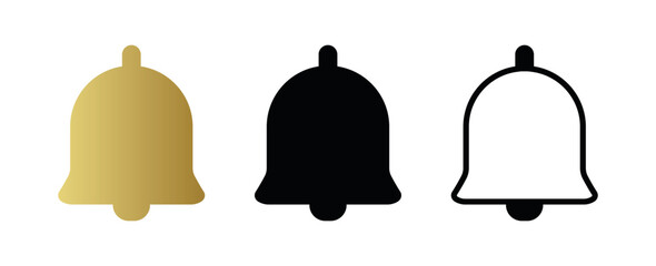 Notification Bell Icon Set. Gold Gradient, Solid Black and Outline Vector Variations