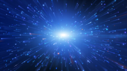 Abstract colourful  light trail creative cosmic background. Explosion, Hyper jump into another galaxy. Speed of light, neon glowing rays in motion.