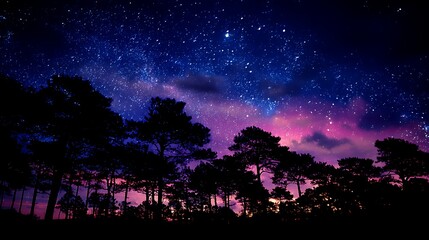 Naklejka premium Majestic night sky over silhouetted pine forest starry night