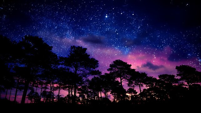 Majestic night sky over silhouetted pine forest starry night