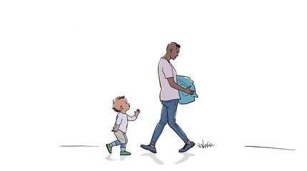 Obraz premium A father walks holding a bundle with his child reaching out in a friendly gesture
