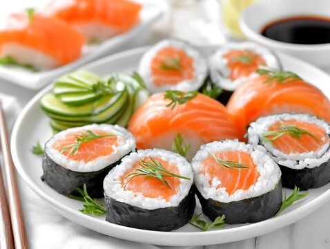 Delicious salmon sushi rolls and nigiri on white plate