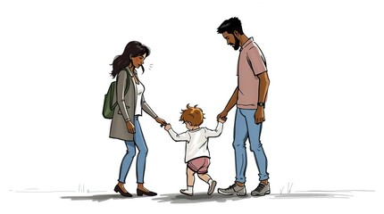Drawing of mom and dad holding hands of a toddler learning to walk