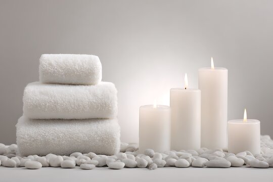 Luxurious spa setting white towels candles stones