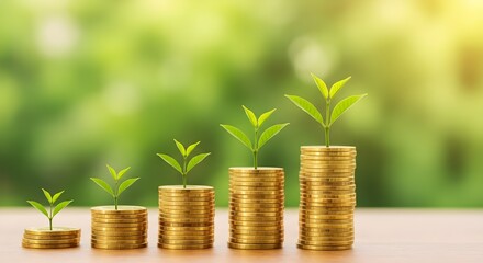 Stacks of coins with green plants symbolize financial growth and investment.