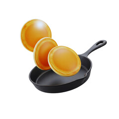 Three Floating Pancakes Above a Cast Iron Skillet on a Black Background Representing Breakfast Brunch or a Cooking Concept with a Clean and Modern Aesthetic