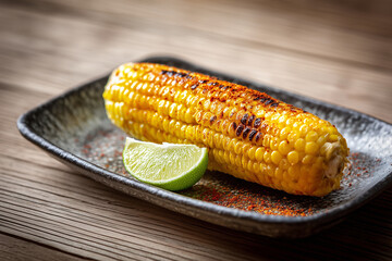 Side view of a single roasted corn cob elegantly plated on a ceramic dish with a wedge of lime and a sprinkle of chili powder. Set on a wooden table with a clean, minimalist layout.