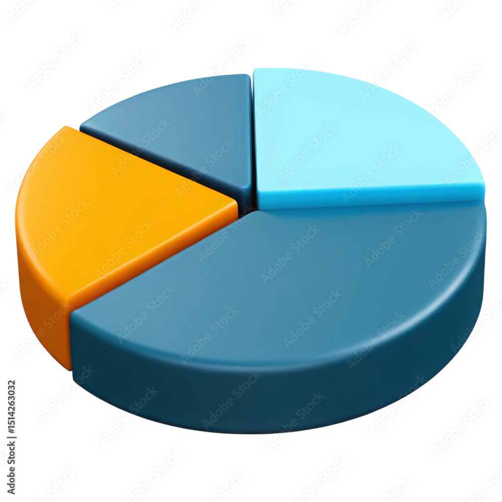 Poster keyword, seo and analytics concept. 3d pie chart with four segments in different colors.