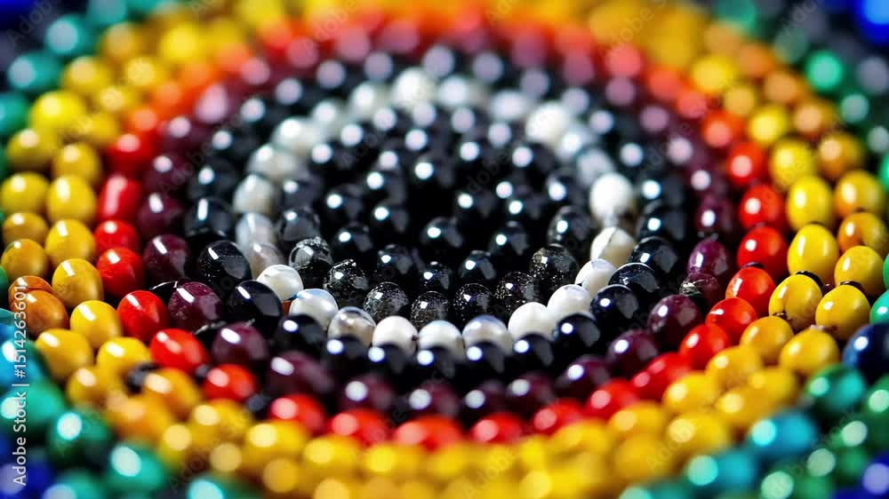 Poster colorful beads arranged in intricate circular patterns showcasing symmetry and vibrant hues, closeup