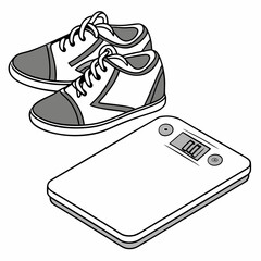 Professional cutout image of sneakers and weight scale on white background