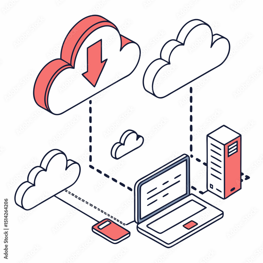 Poster cloud computing data transfer laptop server mobile device isometric illustration
