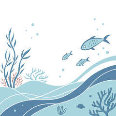 Underwater scene with blue fish and coral reef illustration