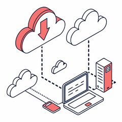 Cloud computing data transfer laptop server mobile device isometric illustration