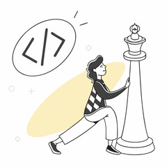 Person pushing large code chess piece achieving goals