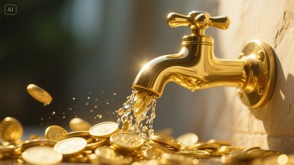 A Golden Faucet Pouring Out A Cascade of Gold Coins.