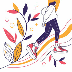 Walking woman stylish sneakers leaves abstract design element