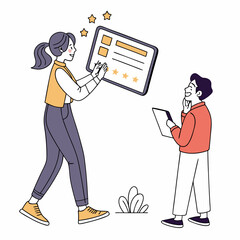 Woman giving five star rating on tablet man watching