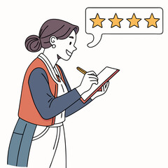 Woman writing positive customer feedback review stars notepad